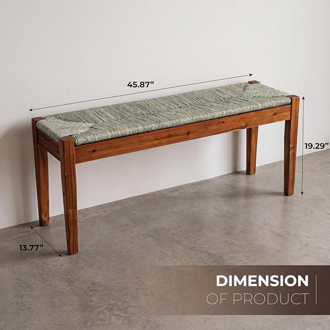 46-Inch Acacia Wood Bench with Natural Seagrass Woven Seat, Indoor Bench
