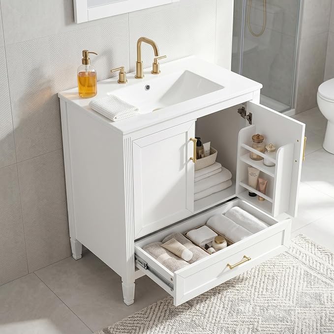 Merax 30" Bathroom Vanity with Undermount Ceramic Sink, Cabinet with Two Door Rack Shelves and One Drawer, Soft Closing Doors, White