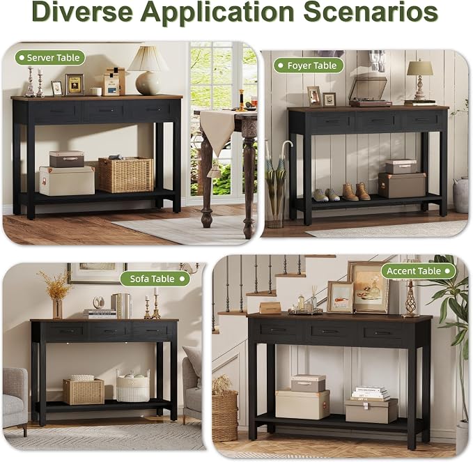 YOSHOOT 45" Farmhouse Entryway Console Table, Desk Behind the Couch with 3 Drawers and 2-Tier Shelves, Narrow Sofa Table for Hallway, Bedroom, Living Room, Black Brown