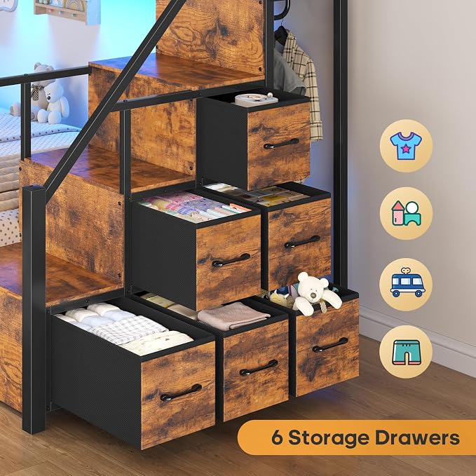 BTHFST Bunk Bed Twin Over Twin with Stairs, Storage Drawers and LED Lights