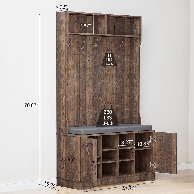 Entryway Hall Tree with Coat Rack and Shoe Bench with Storage