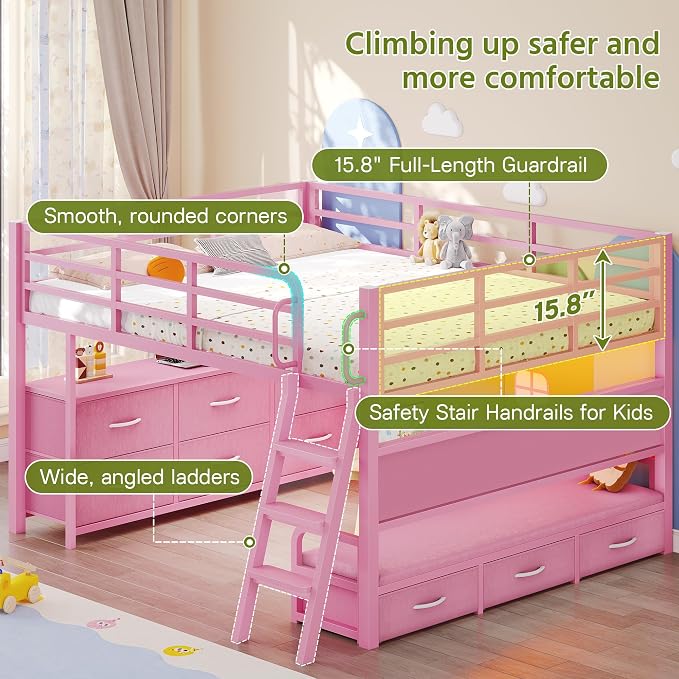 Dnxao Low Loft Bed Full Size with Desk and 9 Storage Drawers for Girls,Pink