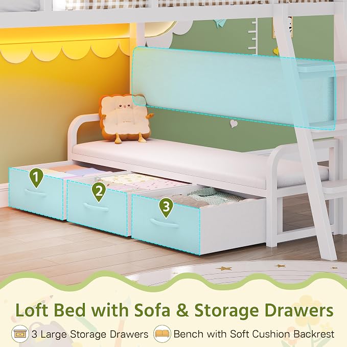 Dnxao Low Loft Bed Twin Size with 9 Storage Drawers and Desk for Kids,White