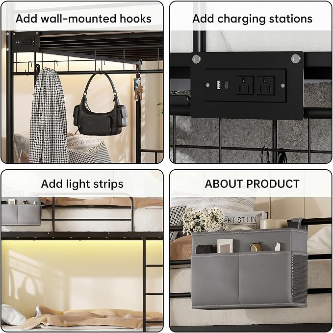Bunk Bed,Bunk Bed Twin Over Twin with Power Outlet and LED Lights,Black