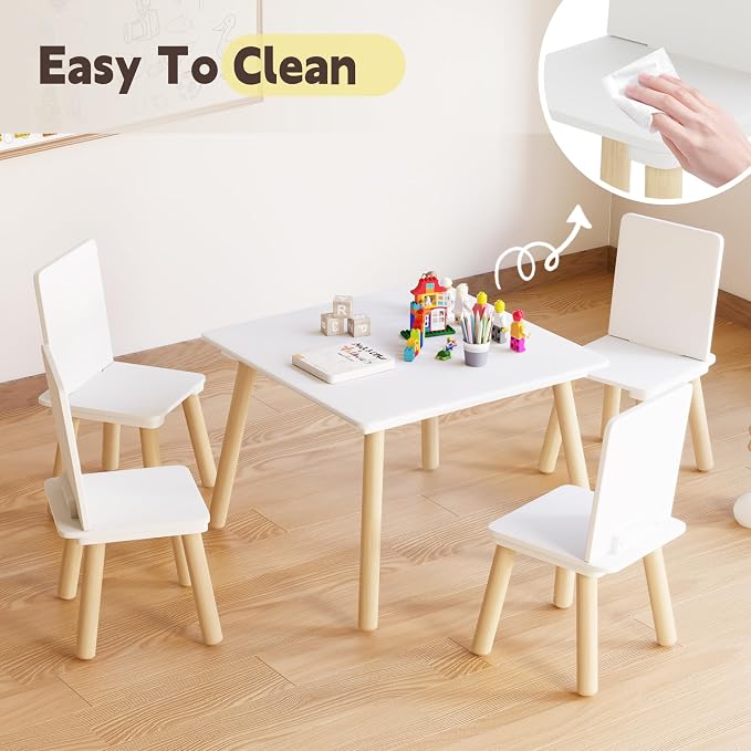 Kids Table and Chairs Set, 5 Pieces Toddler Table and Chair Set, Kids' Table & 4 Chair Sets, Kid Play Table for Daycare, Classroom, Home (White)