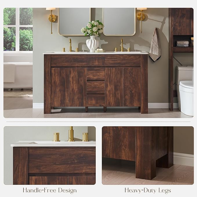 T4TREAM 60 Inch Modern Bathroom Vanity with Double Sink, Dark Walnut | Integrated Resin Sink, 4 Soft-Close Doors & 3 Drawers, Handle-Free Design, Thick Heavy-Duty Legs, Walnut Grain Finish