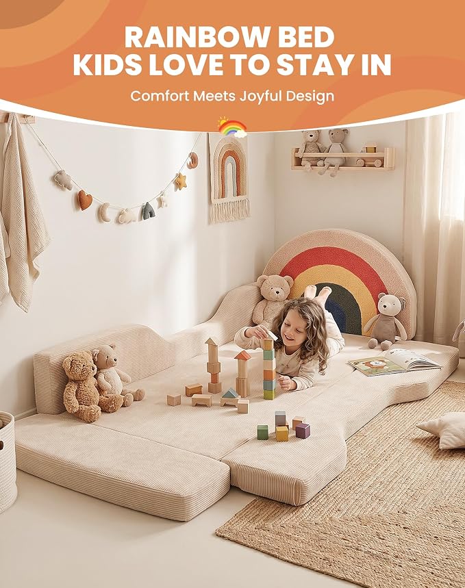 Toddler Bed with Mattress Included, Rainbow Toddler Floor Beds No Assembly Needed, Soft Foam Kids Floor Bed with Fold-Down Rails, No Wood Frame Safety Floor Beds for Boys and Girls Aged 2-8 Years