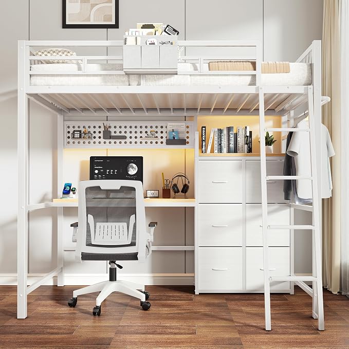 Decofy White Twin Loft Bed with Desk and 6 Storage Drawers, Metal Twin Size Loft Beds with Charging Station, RGB LED Lights, and Pegboard & Hanging Rod for Kids, Teenager (White)