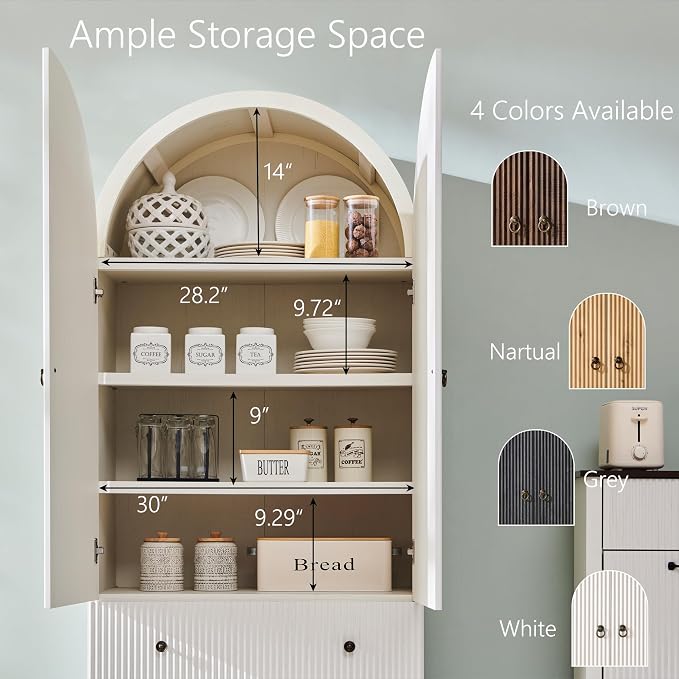 IFGET 71" Tall Arched Pantry Cabinet, Fluted Kitchen Storage Cabinet with Adjustable Shelves and 2 Large Drawers, Freestanding Morden Versatile Cupboard for Living Room, Bathroom, White