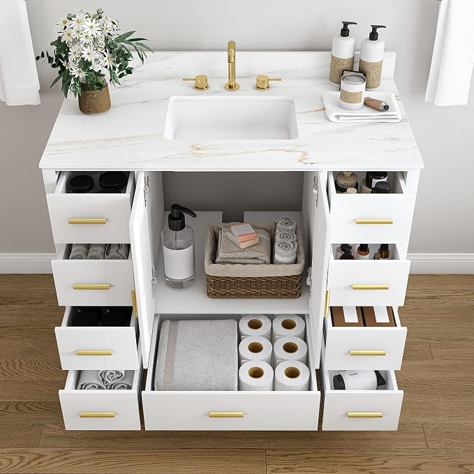 Montary 42" Bathroom Vanity with Sink & 43" Carrara Sintered Stone Top | with 3 Pre-Drilled Faucet Holes, Solid Wood Cabinet, Soft-Close Double Doors & 9 Smooth-Glide Drawers,White