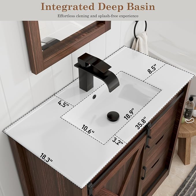 chartustriable 36 Inch Bathroom Vanity with Sink & Faucet & Mirror, Farmhouse Bathroom Vanity Cabinet Set with Sliding Barn Door & Drawers, Small Single Bath Storage Vanity Sink, Brown