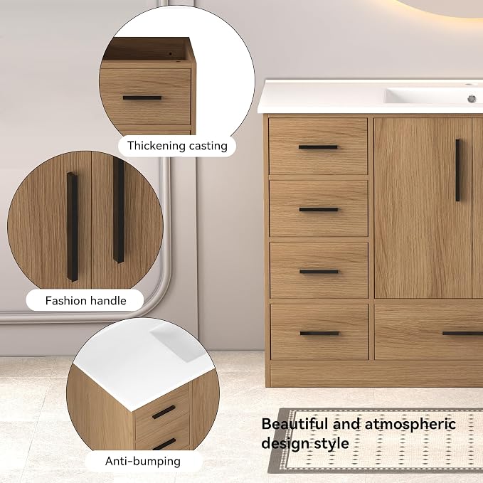 LUMISOL 48 Inch Bathroom Vanity with Sink, Freestanding Bathroom Vanity with 9 Storage Drawers and 2 Soft-Closing Doors, Wood 48" Bathroom Vanities with Resin Sink, Light Oak