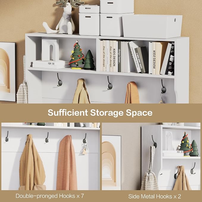 71“ Hall Tree with Bench and Shoe Storage, Coat Rack and 2 Doors
