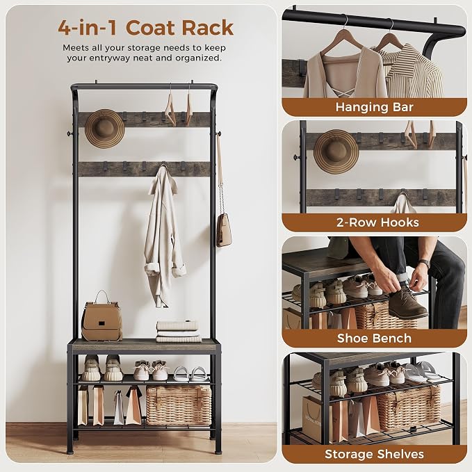DUMOS 5-in-1 Hall Tree with Coat Rack and Shoe Bench, Industrial Entryway Storage Organizer with Top Hanging Rod, 10 Movable Hooks & Side Hooks, Mudroom Bench with 2-Tier Shoe Rack, Grey