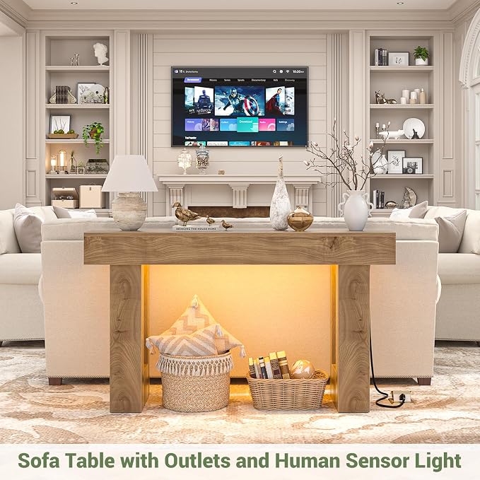 Unikito 47" Entryway Table with Socket & Sensor Light, Natural Oak