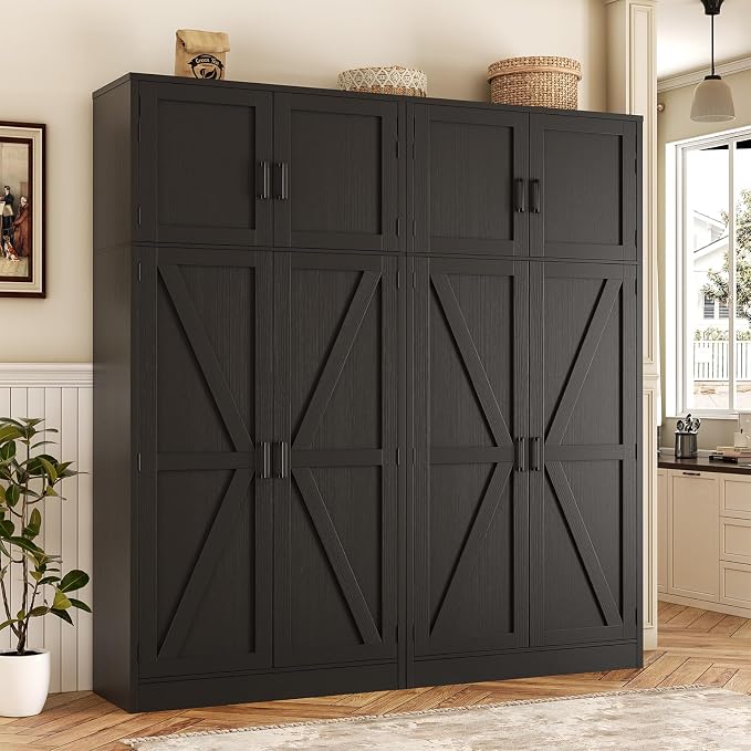 Unikito 71” Kitchen Pantry Storage Cabinet with Adjustable Shelves, 2 Pack | Large Farmhouse Storage Cupboard, Barn Doors, Sturdy and Deep, Versatile for Dinning Room, Living Room, Bathroom, Black