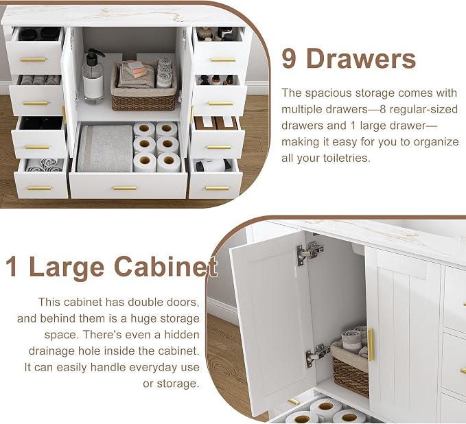 Montary 42" Bathroom Vanity with Sink & 43" Carrara Sintered Stone Top | with 3 Pre-Drilled Faucet Holes, Solid Wood Cabinet, Soft-Close Double Doors & 9 Smooth-Glide Drawers,White