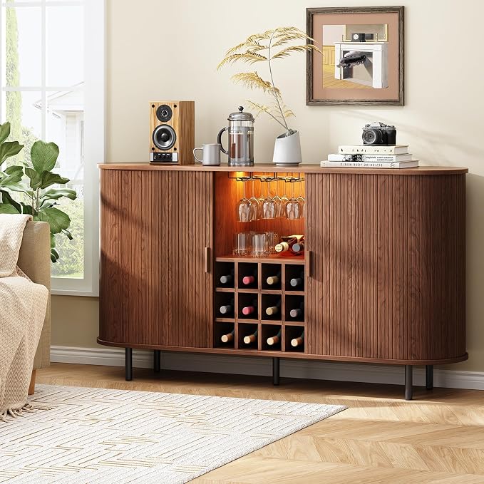 ONBRILL 63" Fluted Wine Bar Cabinet with LED Light Walnut