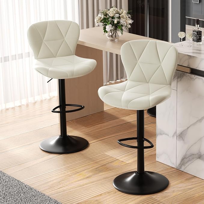 Nalupatio Modern Bar Stools Set of 2, Adjustable Faux Leather Upholstered Swivel Bar Stools, Counter Bar Chairs with Back for Kitchen Island, Cream White