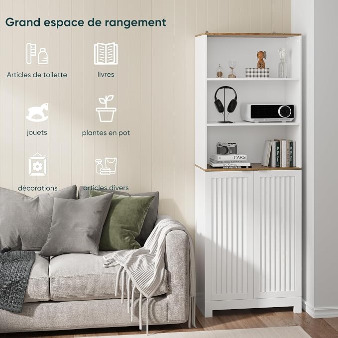 Bathroom Storage Cabinet - 67" Freestanding Tall Cabinet with Slatted Doors and Open Shelves, Adjustable Shelves, White Bathroom Organizer for Small Spaces, Bathroom Linen Tower with Closed Storage