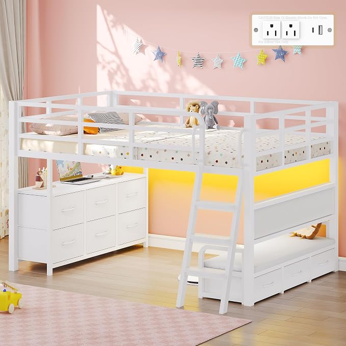 Dnxao Low Loft Bed Twin Size with 9 Storage Drawers and Desk for Kids,White