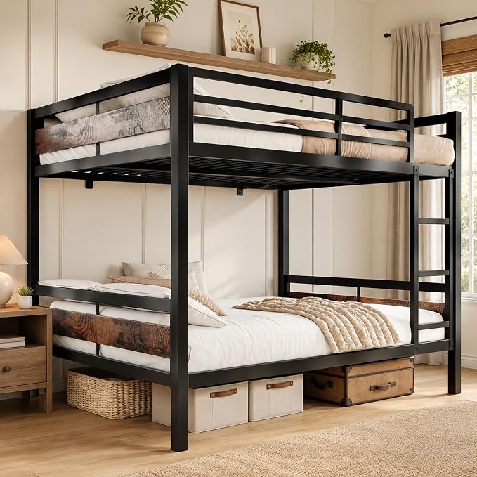 Feonase Metal Bunk Bed Full Over Full with Ladder and High Guardrail, Heavy-Duty Metal Slats Support, Noise Free, No Box Spring Needed, for Kids and Juniors, Vintage