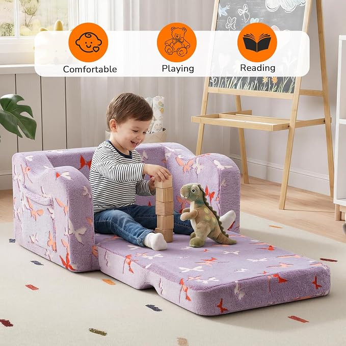 MeMoreCool Kids Couch, Glow Dark Butterfly Fold Out Sofa, Girls, Lavender