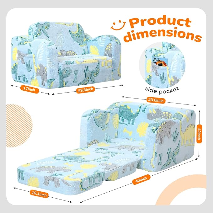 MeMoreCool Glow in the Dark Dinosaur Toddler & Kids Couch, Fold Out Sofa