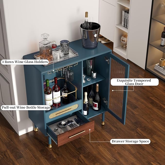 ARTPOWER Modern Coffee Bar Cabinet with Pull-Out Wine Storage, Blue