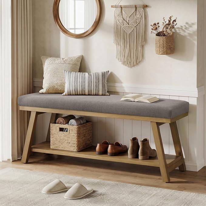 Zihanhome 45" Entryway Bench Upholstered Storage Bench for Bedroom(Grey)
