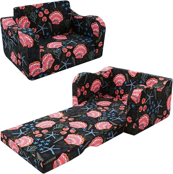 MeMoreCool Kids Sofa, 2-in-1 Fold Out Armchair, Washable Cover, Shell Print