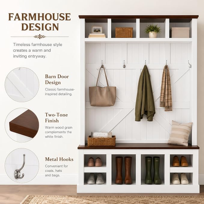 KEIKI 79" Hall Tree with Bench, Farmhouse Entryway Coat Rack, White Walnut