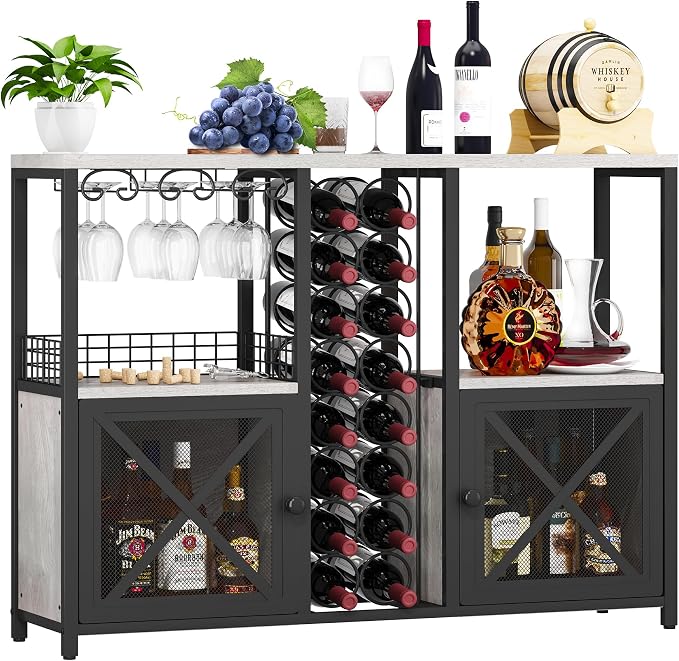 Homeiju Mini Bars for Home, Wooden Coffee Bar Cabinet, Modern Liquor Cabinet for Liquor and Glasses, Farmhouse Buffet Wine Bar Cabinet with Storage Sideboard for Home Kitchen Dining Room (Light Grey)