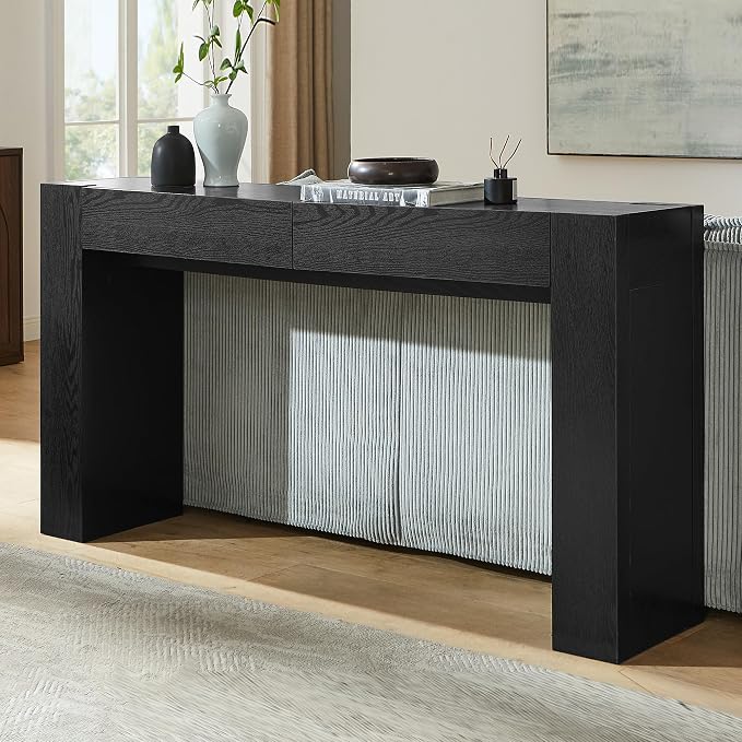 OKD 63" Console Table with Drawers, Thick Block Entryway Table, Black