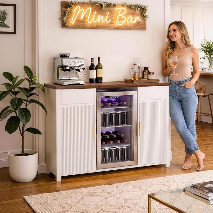 GDLF 53.2" Coffee Bar Cabinet with Fridge Space,Fluted Sideboard,White
