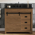 36 Inch Farmhouse Bathroom Vanity with Sink, Walnut | Pre Assembled Freestanding Bathroom Sink Cabinet, Sliding Barn Doors & Soft-Closing Drawers, Single Sink, Adjustable Feet