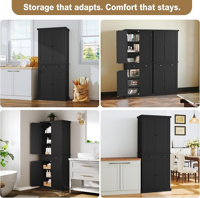 ARTPOWER 72" Tall Kitchen Pantry Storage Cabinet with Drawer and Adjustable Shelves, Pantry Cabinet for Kitchen, Bathroom or Hallway, Black