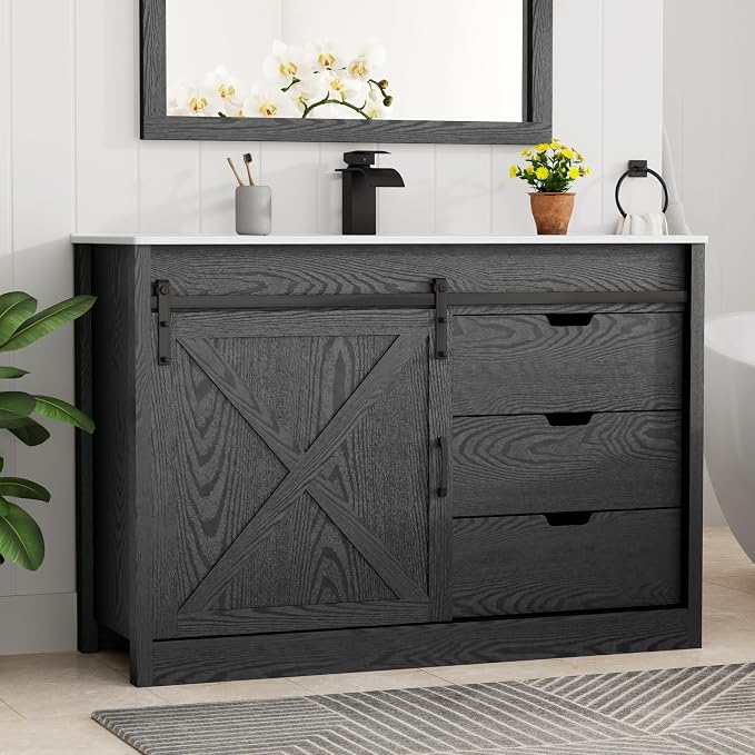 48" Farmhouse Bathroom Vanity with Sink & Faucet & Mirror, Wood Grain Black | Sliding Barn Door, 3 Handleless Drawers, Single Vanity Combo for Small Space