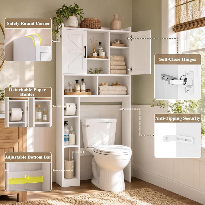 Farmhouse Over The Toilet Storage Cabinet with Barn Door, Reversible Side | 7-Tier Bathroom Organizer, Adjustable Shelves Bottom Bar, Detachable Paper Holder, Anti-Tipping, Laundry Room, White
