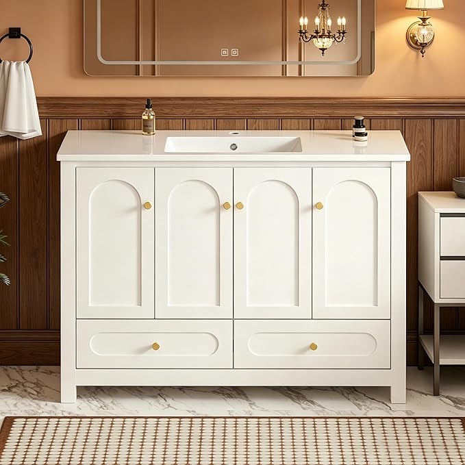 LUMISOL 48 Inch Bathroom Vanity with Sink, Freestanding Bathroom Vanity Cabinet with 4 Soft-Close Doors & 2 Drawers, Modern Painted Vanity with Single Resin Sink, White