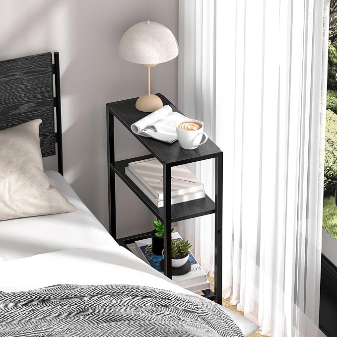 Narrow Side Table for Small Space, 2-Tier Small End Table with Shelf Holder, Slim Nightstand, Skinny Snack Couch Table in Living Room, Bedroom, Study, Kitchen and Balcony (Black)