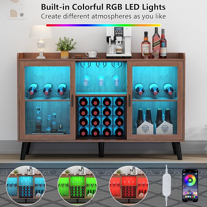 Wine Bar Cabinet with LED Light, Home Coffee Cabinet w/ Wine & Glass Holder