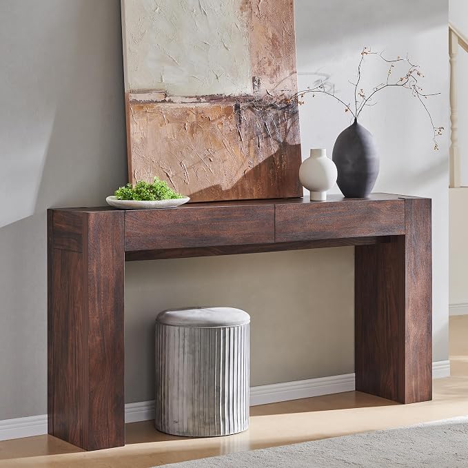 OKD 63" Console Table with Drawers, Thick Block Entryway Table, Walnut