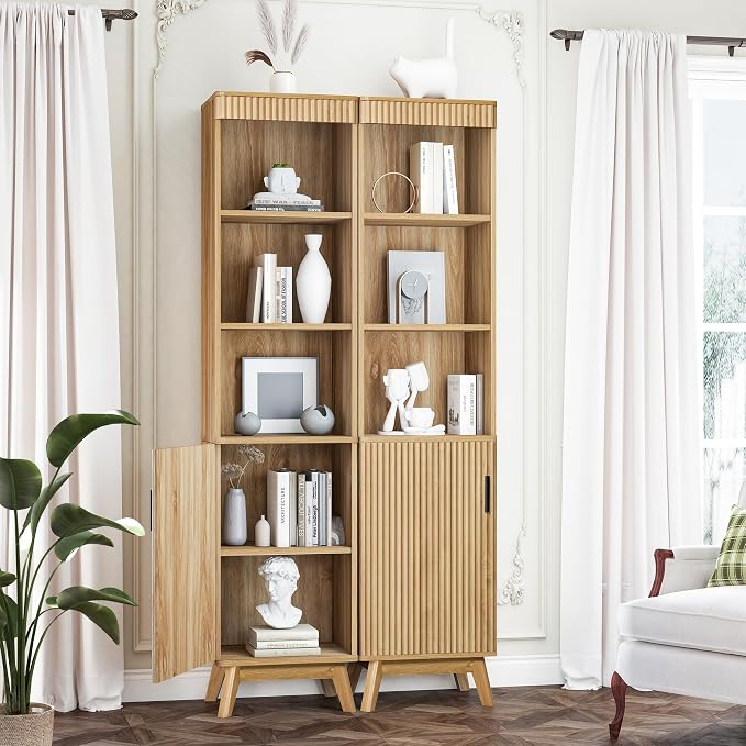 Bifins Natural 68" Tall Bathroom Storage Cabinet,15.7" Width | Narrow,Fluted Door,Adjustable Shelf,5 Tier,Next to Toilet,Next to TV Stand,Laundry Storage,Space Saving,Tower Storage