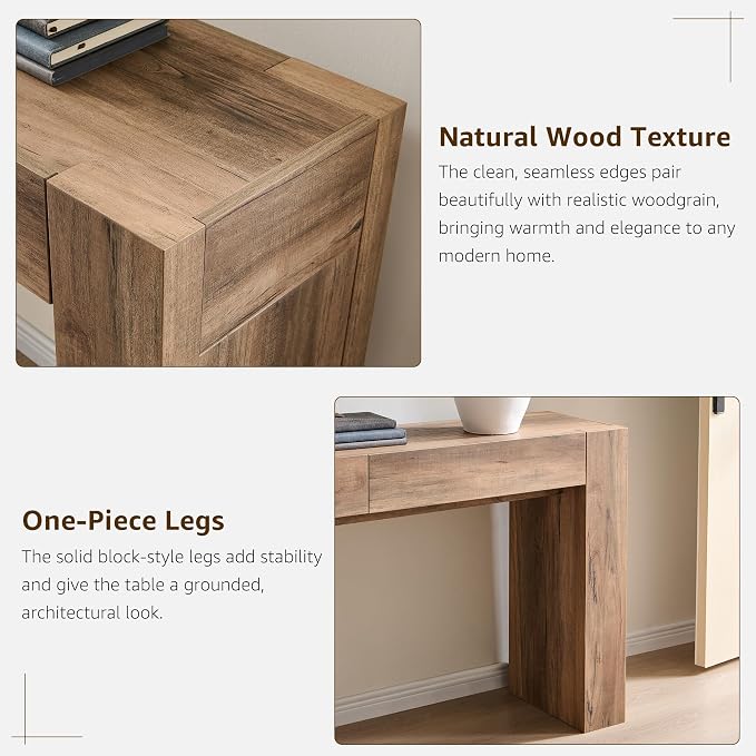 OKD 63" Console Table with Drawers, Thick Block Entryway Table, Rustic Oak