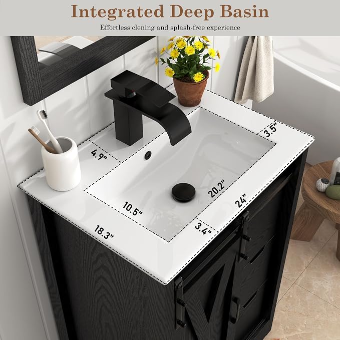 24" Farmhouse Bathroom Vanity with Sink & Faucet & Mirror, Wood Grain Black | Sliding Barn Door, 3 Handleless Drawers, Single Vanity Combo for Small Space