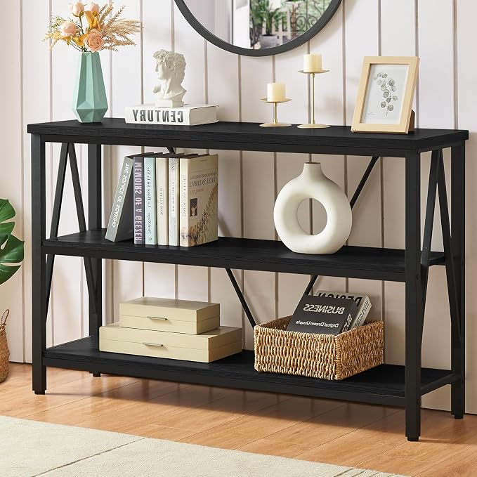Entryway Console Table, 3 Tier Entry Table with Open Shelves, Black, 47 IN