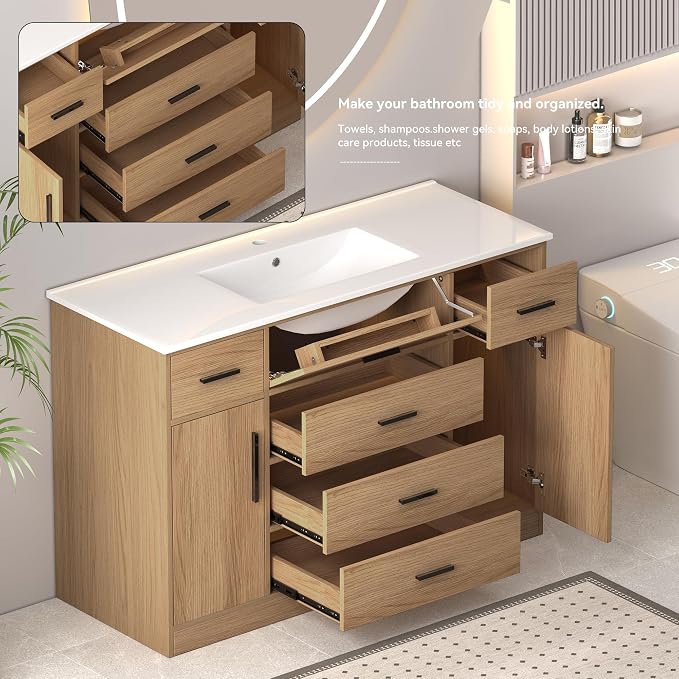 LUMISOL 48 Inch Bathroom Vanity with Sink, Freestanding Bathroom Vanity with Resin Sink, Tip-Out Drawer, Storage Drawers and 2 Soft-Closing Doors, Light Oak