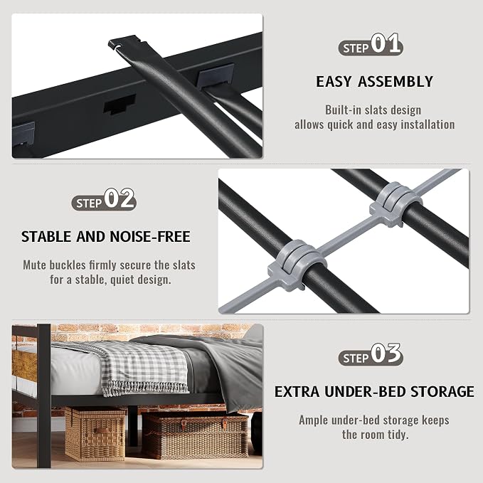 Feonase Metal Bunk Bed Twin Over Full with Ladder and High Guardrail, Heavy-Duty Metal Slats Support, Noise Free, No Box Spring Needed, for Kids and Juniors, Vintage