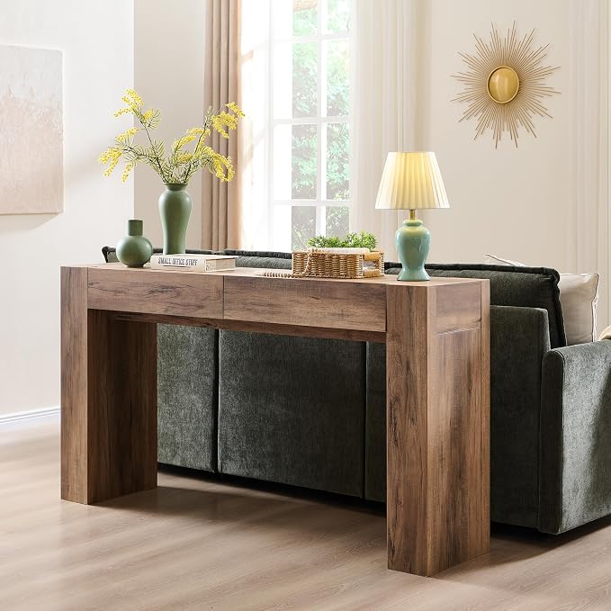 OKD 63" Console Table with Drawers, Thick Block Entryway Table, Rustic Oak